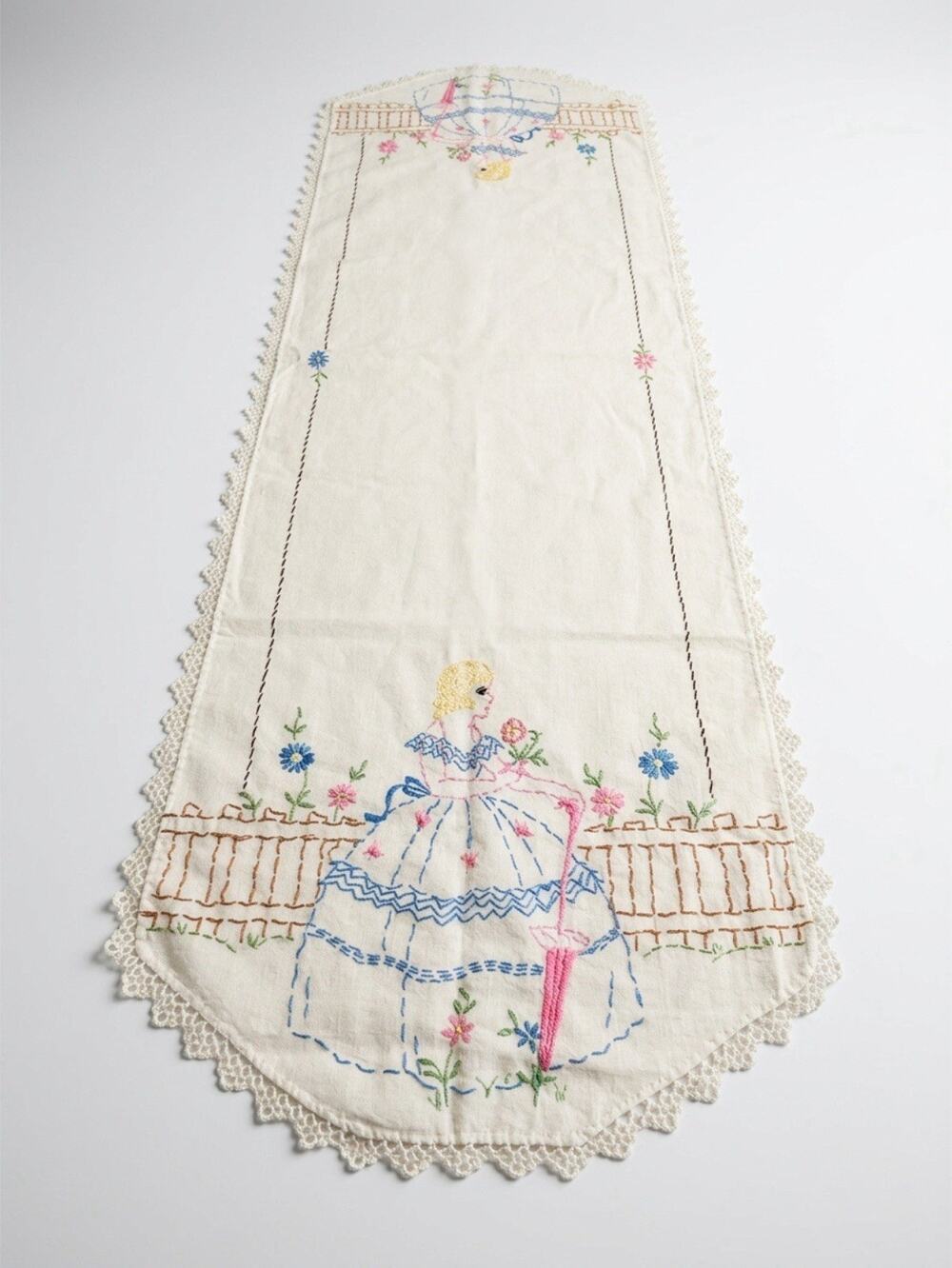VTG MCM Linen Doily Art Work Hand Cross-stitch Center White Rectangle Tablecloth